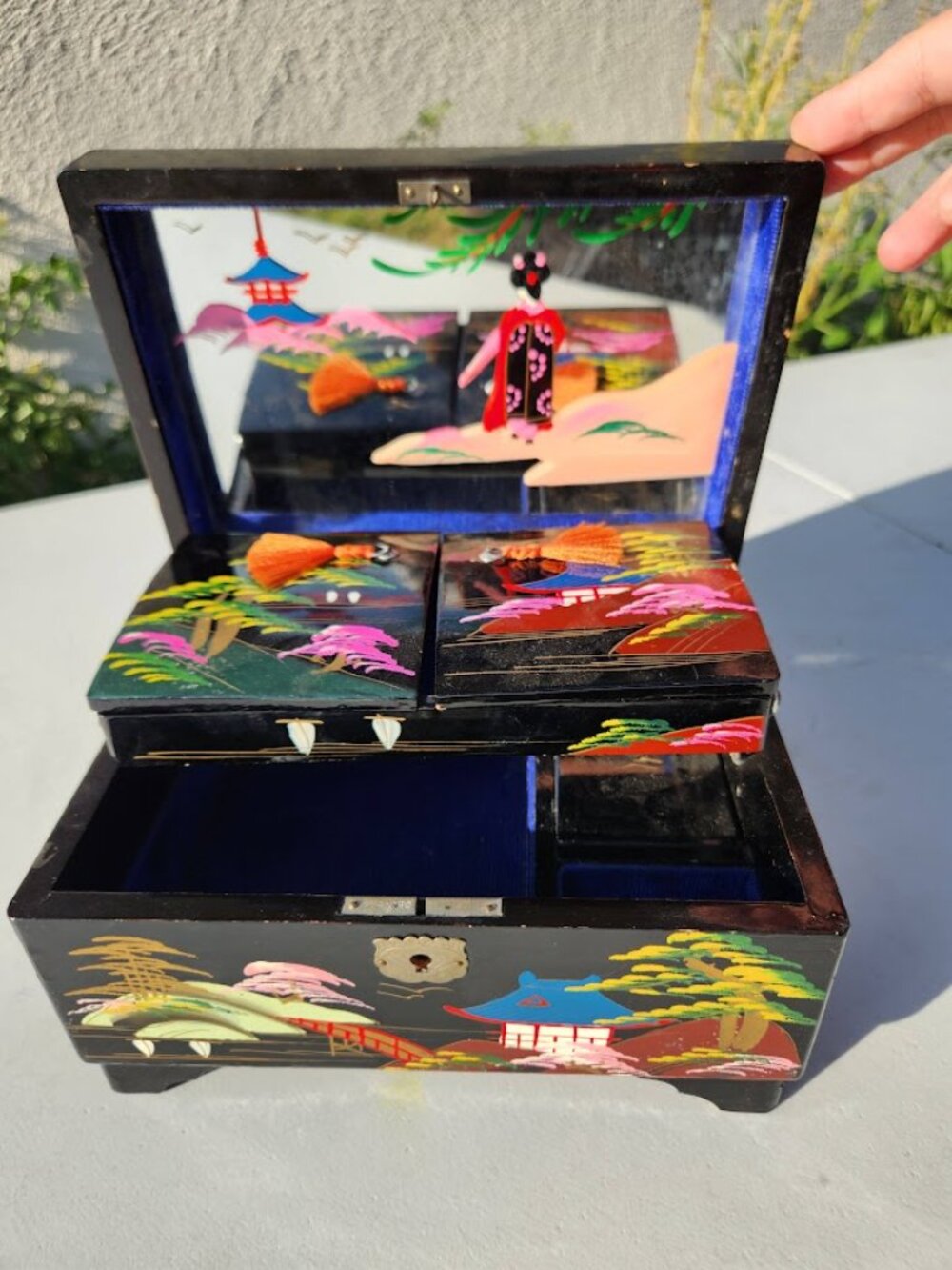 Vintage Japanese Black Lacquer Jewelry Box Keepsake Box Vanity Desk Organizer